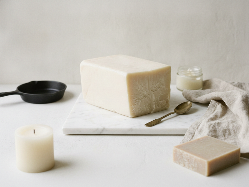 Bloc de suif de bœuf sur un plateau de marbre, entouré d'une poêle en fonte, d'une bougie, d'un savon et d'un petit pot de baume