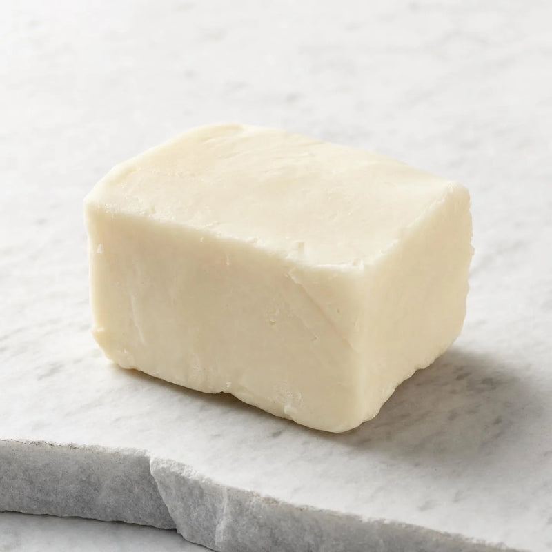 Bloc de suif de bœuf purifié Adepsia posé sur marbre brut, texture ivoire, lumière naturelle