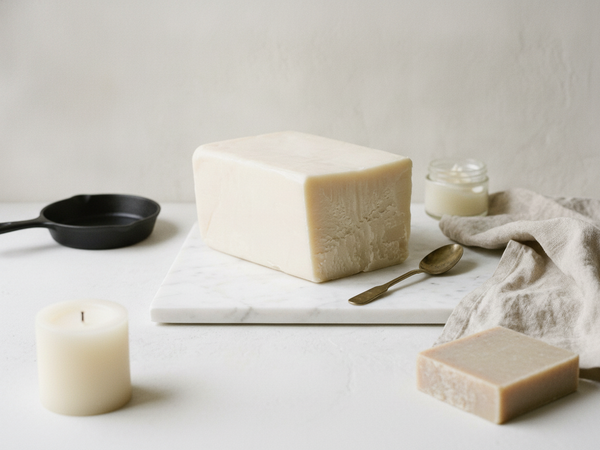 Bloc de suif de bœuf sur un plateau de marbre, entouré d'une poêle en fonte, d'une bougie, d'un savon et d'un petit pot de baume