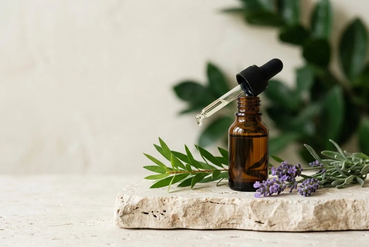 Flacon d'huile essentielle et brins de tea tree