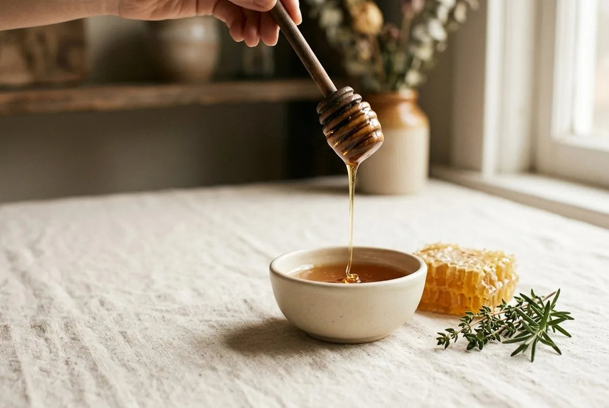 Filet de miel doré coulant d'une cuillère en bois